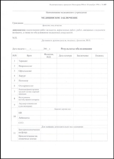 Справка 405 для работы на высоте в Челябинске